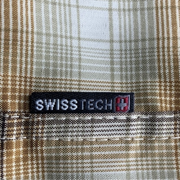 Swiss Tech Mens Small Beige Brown Plaid Short Sleeve Snap Button Western - Picture 10 of 10